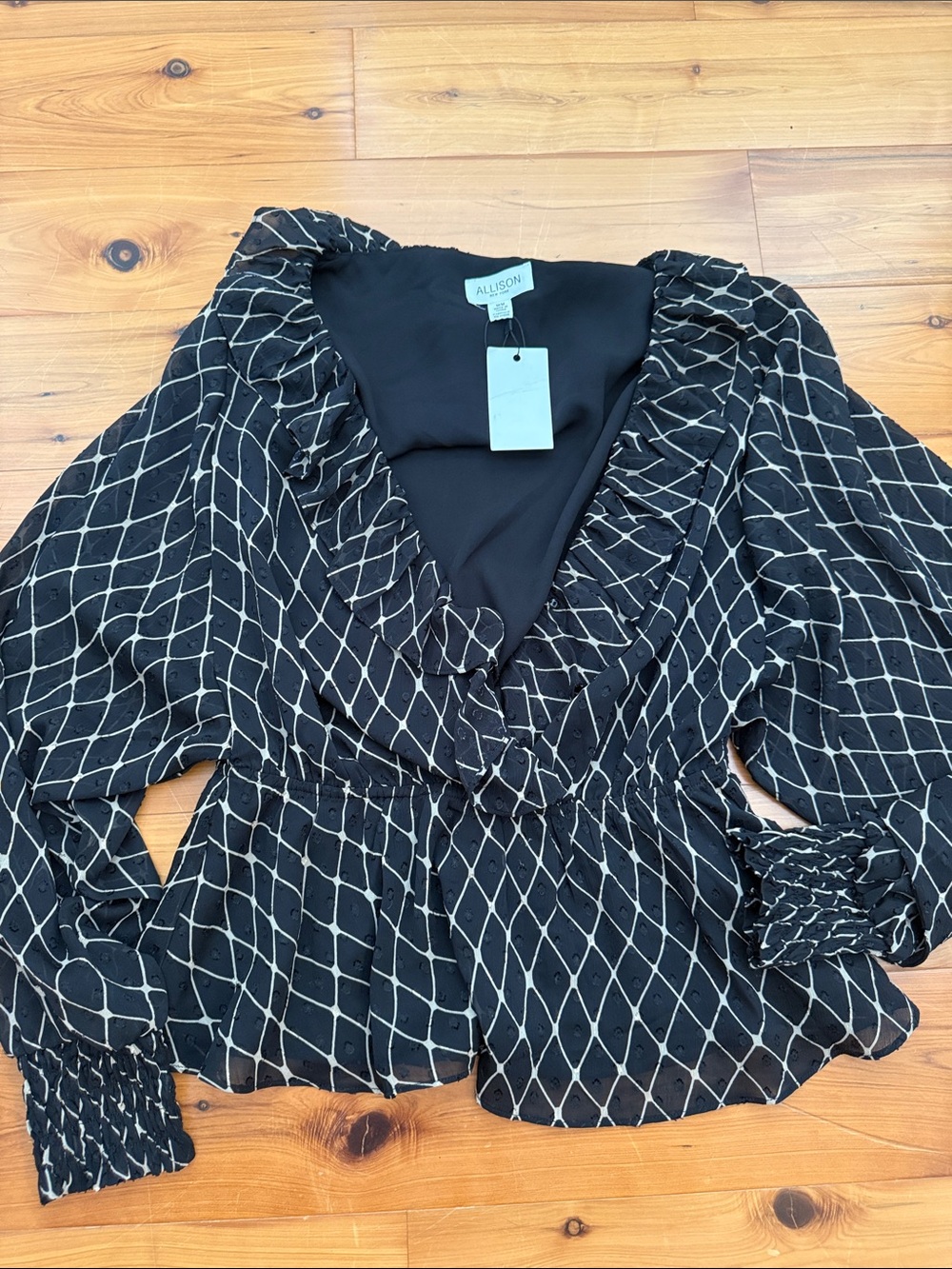 NWT Allison New York Black Blouse with Ivory Diamond Print